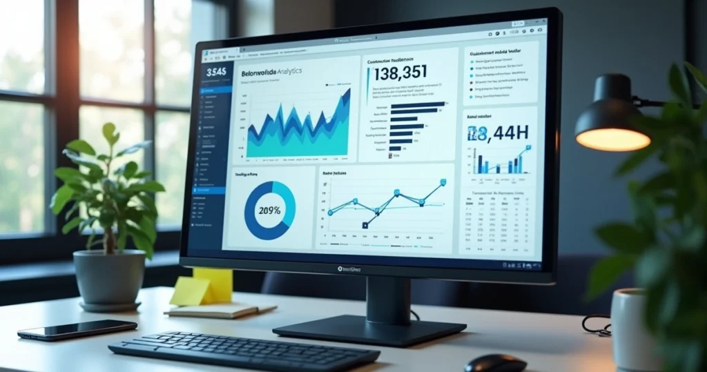 Dashboard digital com gráficos de dados comportamentais e feedbacks de clientes organizados em tela de computador