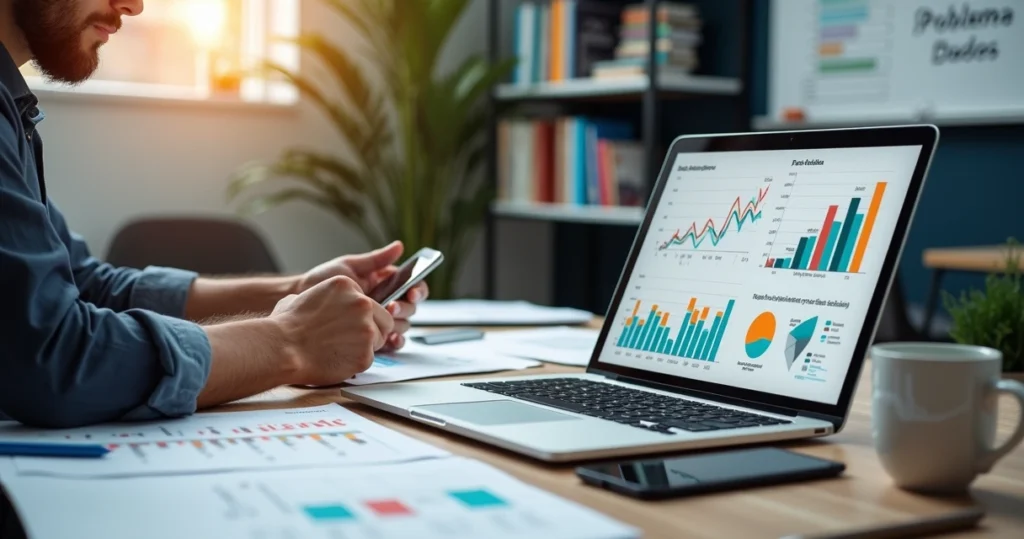 Pessoa analisando gráficos e anotações para definir problema de pesquisa de mercado