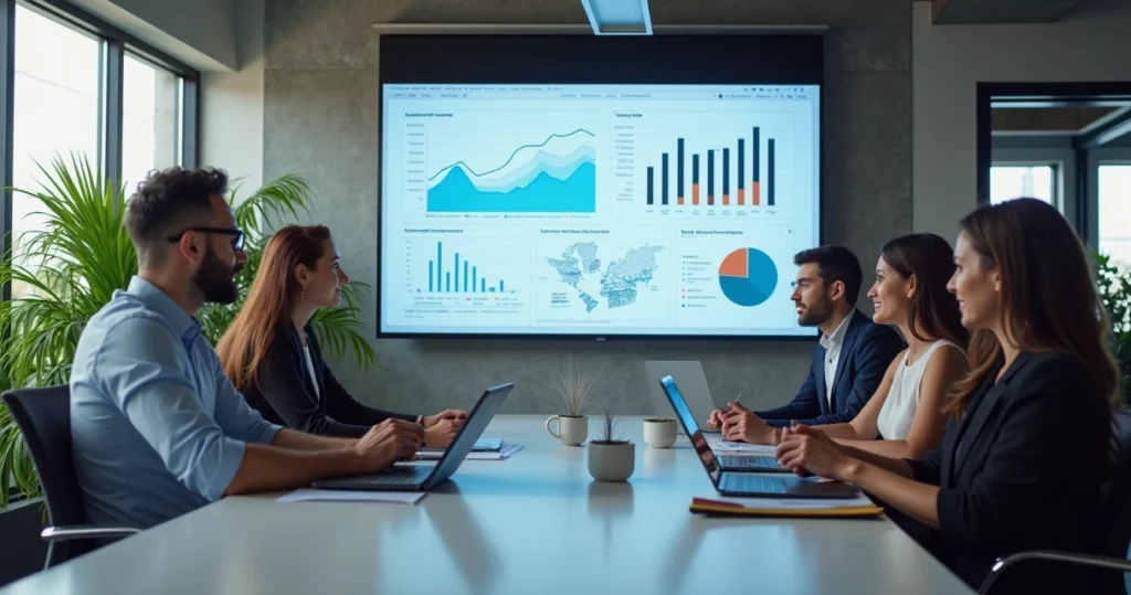 Equipe profissional reunida analisando métricas de sucesso em pós-venda SaaS em uma sala moderna