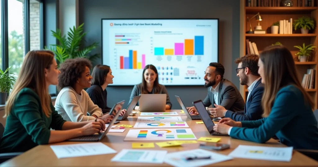 Equipe colaborando em ambiente moderno, discutindo estratégias de branding com gráficos e anotações
