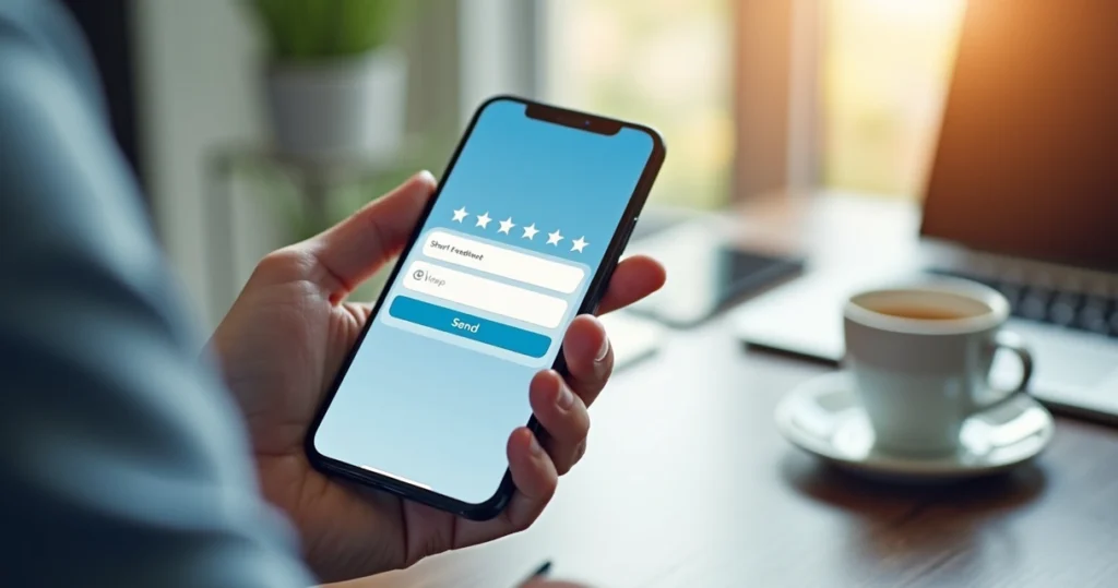 Tela de aplicativo móvel exibindo formulário de feedback in-app com design limpo e moderno