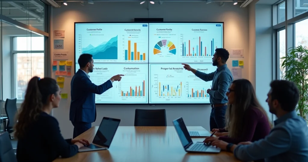 Equipe de marketing analisando gráficos de clientes potenciais em ambiente de escritório moderno