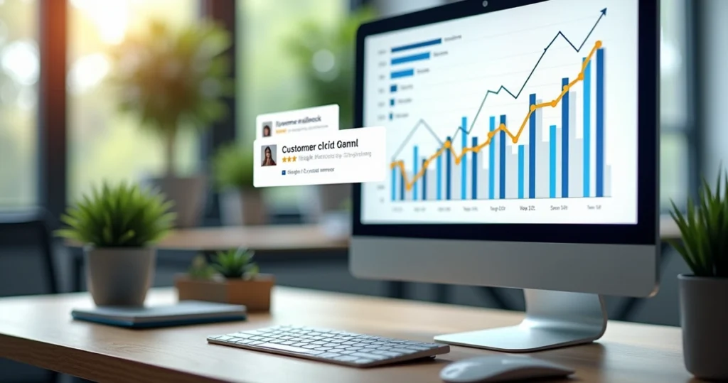 Computador mostrando gráficos financeiros e feedbacks de clientes de software SaaS