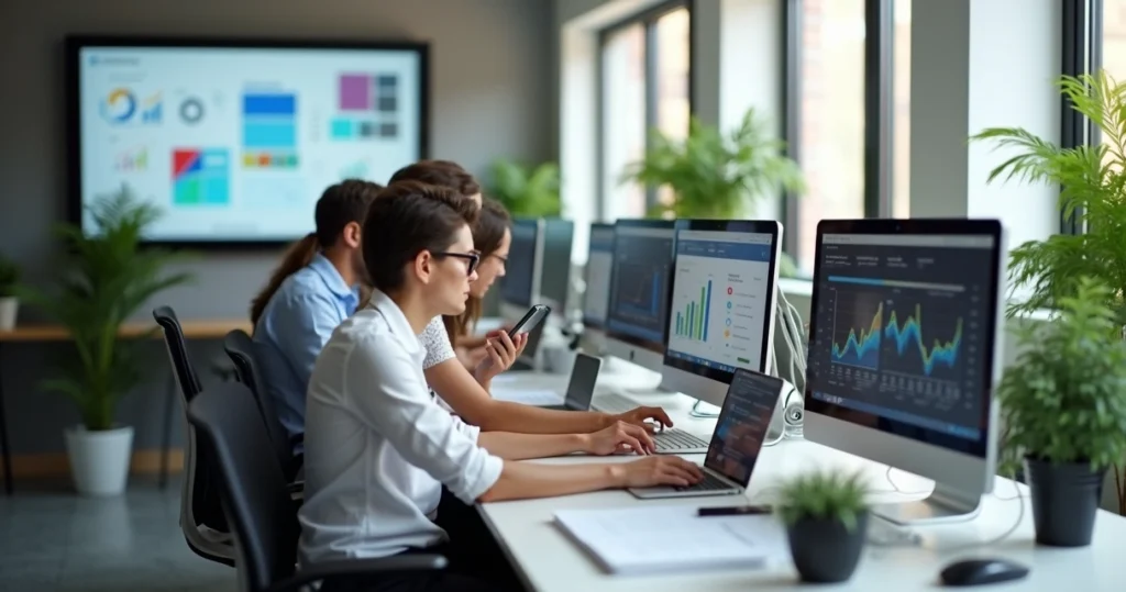 Ambiente de escritório moderno com Millennials e Geração X trabalhando juntos em suas estações com computadores e smartphones