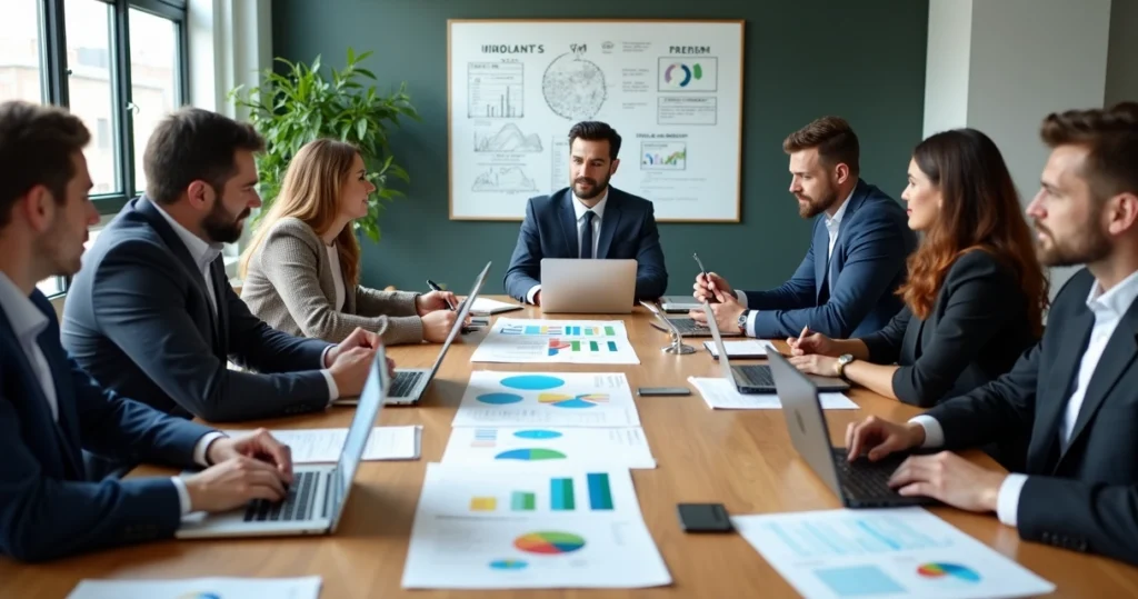 Mesa de reunião com especialistas analisando gráficos e tabelas sobre estratégias de precificação, com calculadoras e notebooks abertos ao redor, ambiente corporativo moderno e iluminado