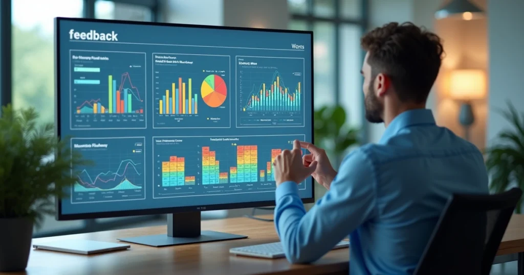 Pessoa analisando painel digital com gráficos e dados de feedbacks em ambiente moderno