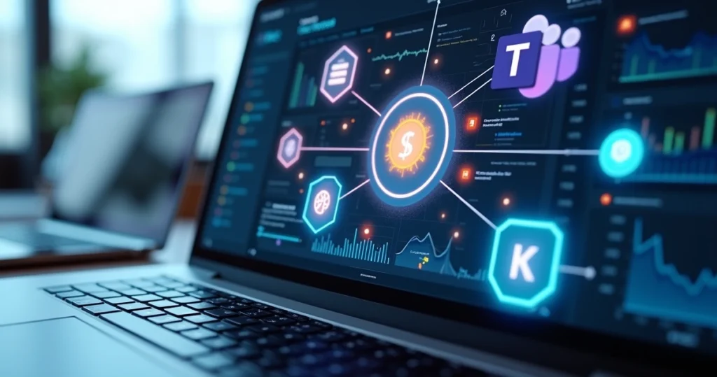 Painel moderno com ícones de Slack, Microsoft Teams e Excel conectados em uma interface digital
