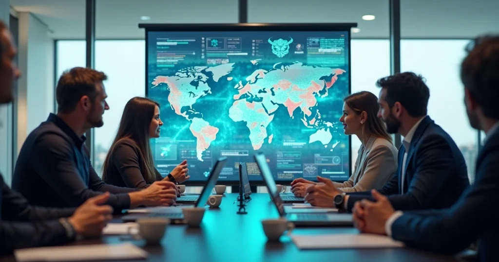 Pequenos empresários em reunião com gráficos e representações digitais de inteligência artificial ao fundo