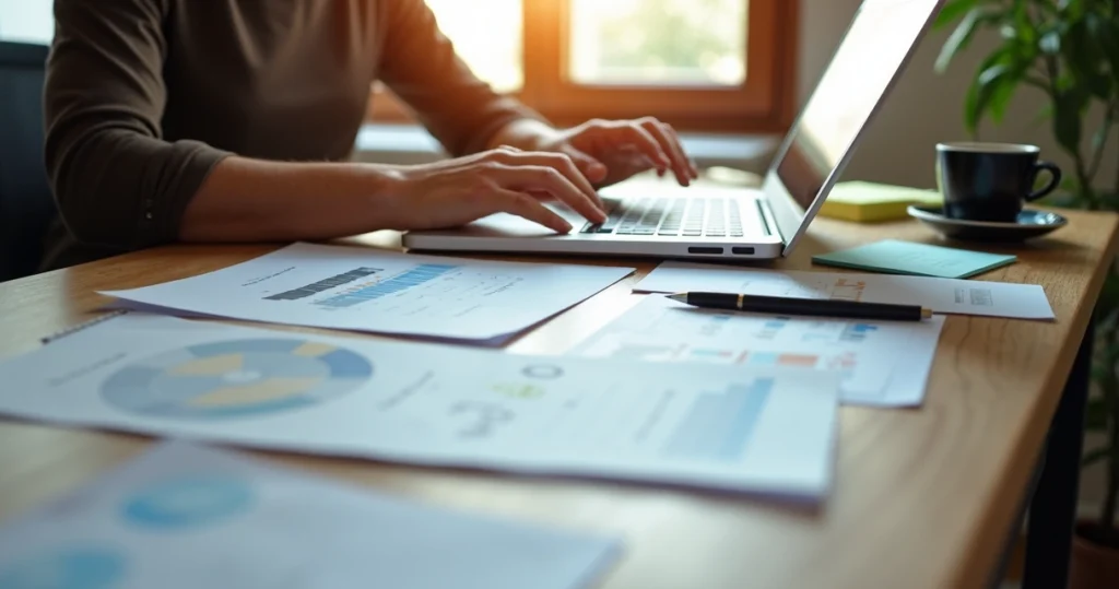 Pessoa analisando gráficos e anotações em mesa com laptop e blocos de notas