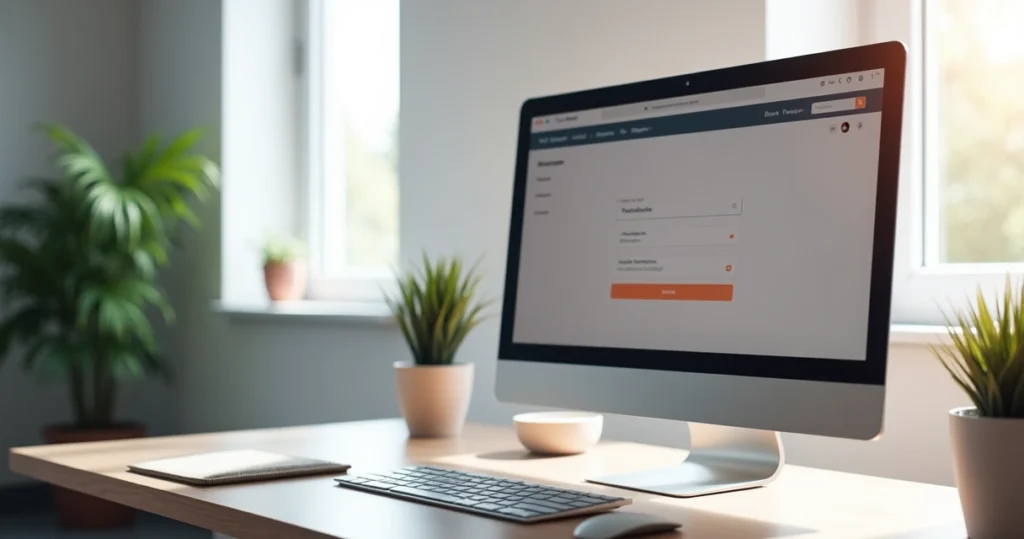 Computador com site aberto mostrando botão discreto de coleta de feedback no canto da tela