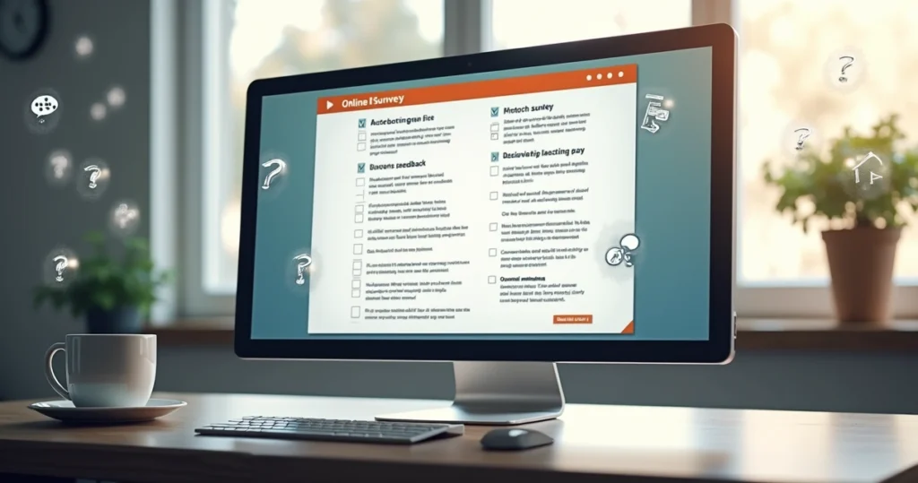 Computador com tela exibindo uma pesquisa online e elementos visuais de distorção nas respostas
