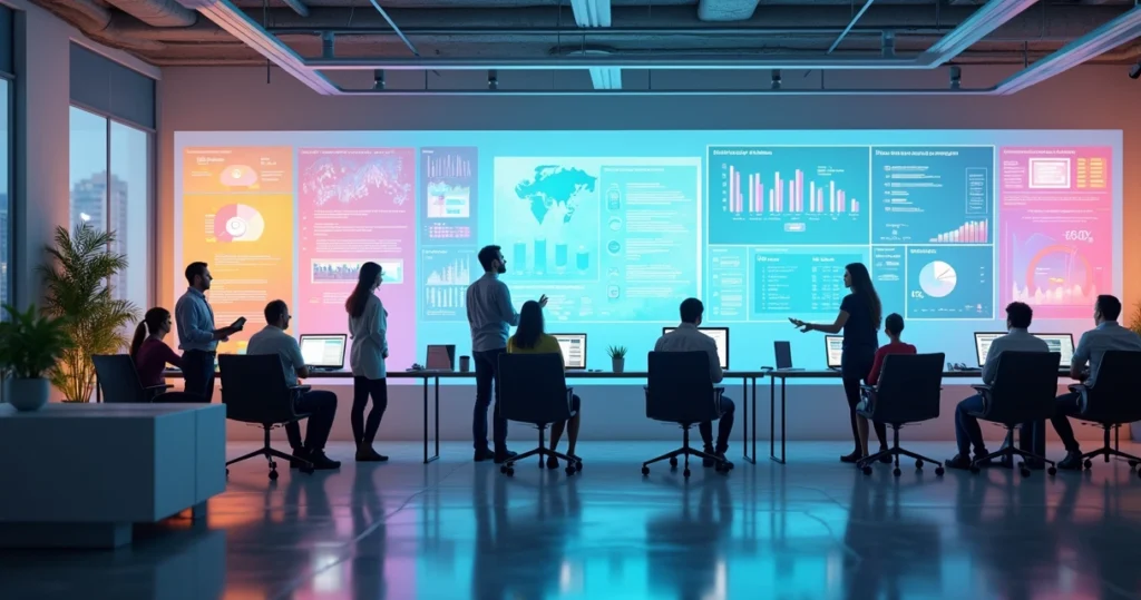 Grupo de pessoas em um ambiente de escritório colaborando e analisando gráficos coloridos em telas digitais para evitar fadiga de pesquisa