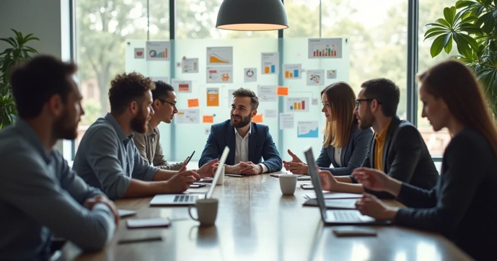 Reunião de líderes empresariais discutindo valores em ambiente corporativo moderno