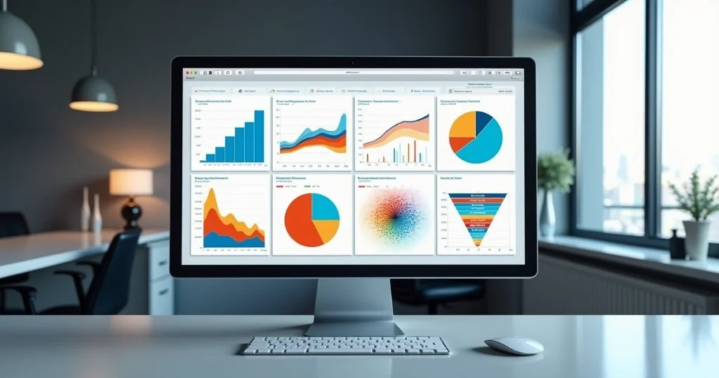 Vários tipos de gráficos coloridos em uma mesa digital, incluindo gráfico de barras, pizza, linha, radar, cascata e funil, exibidos em tela de computador moderno
