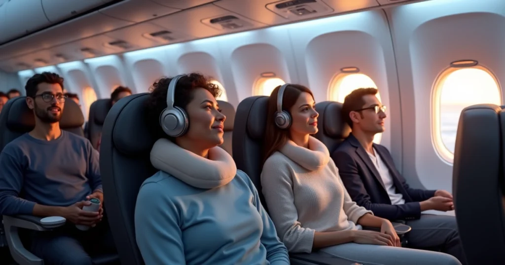 Passageiros sentados confortavelmente em um avião, com assentos espaçosos e janelas iluminadas