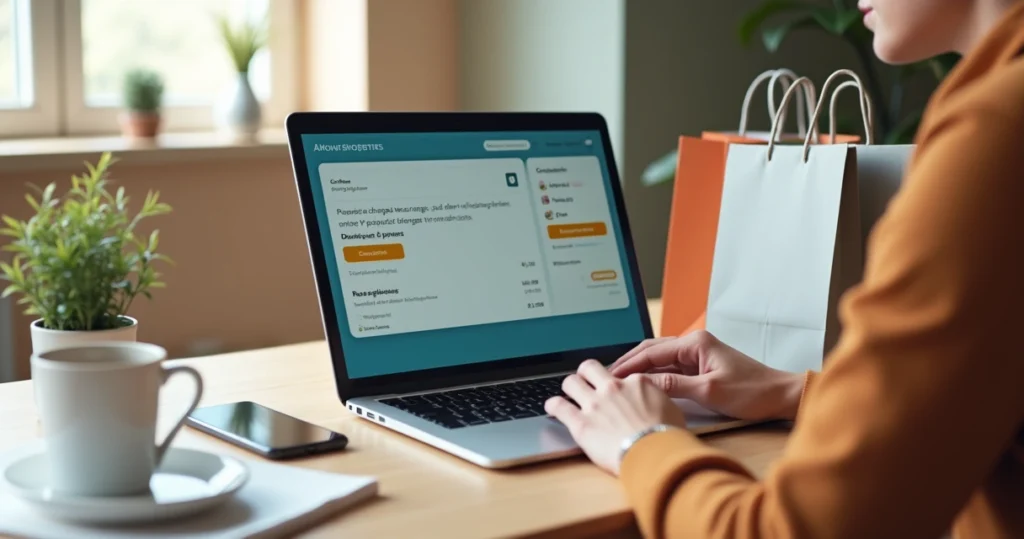Pessoa decidindo abandonar carrinho de compras virtual em laptop com sacola ao lado