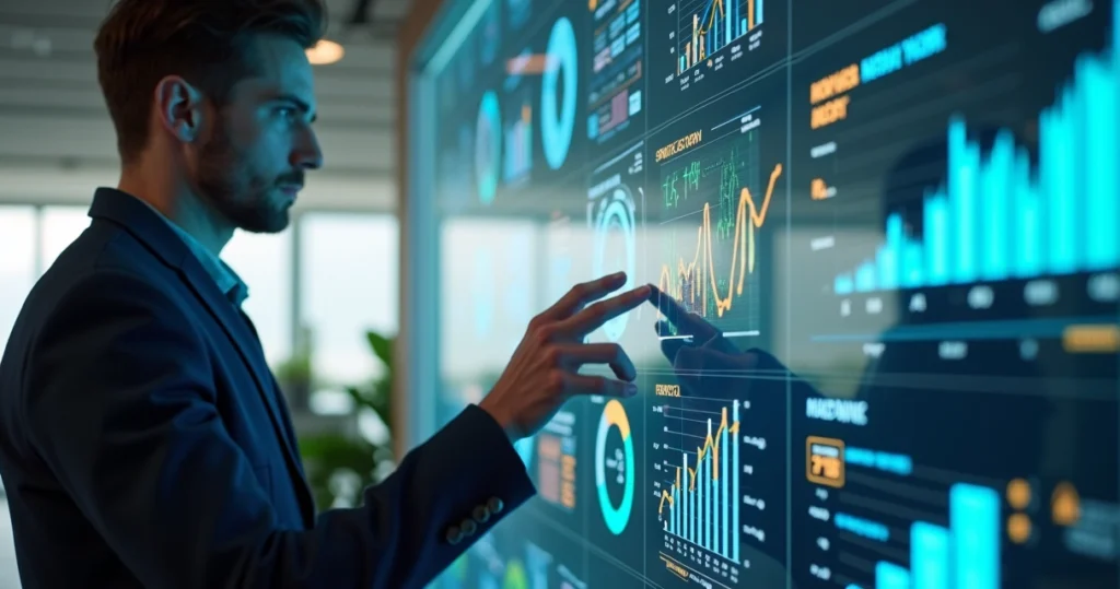 Pessoa analisando gráficos de comportamento do consumidor em tela digital interativa