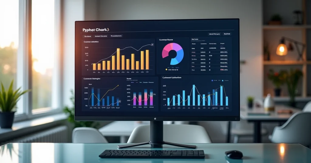 Computador exibindo gráficos coloridos de dados abertos com painel de pesquisa de satisfação ao fundo