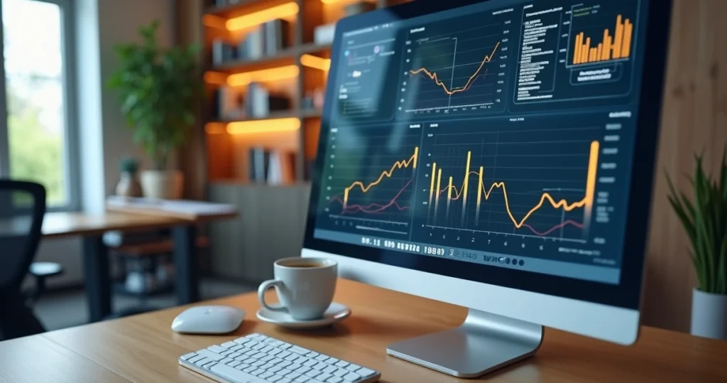 Computador mostrando gráficos e dados para identificar feedback fraudulento em ambiente de escritório moderno
