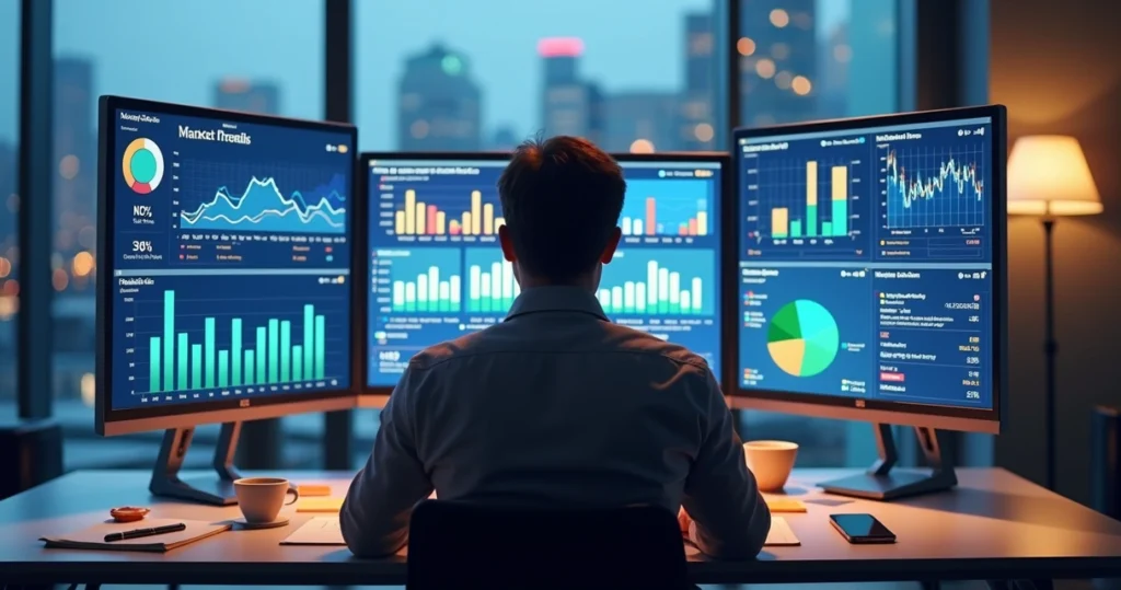 Pessoa analisando gráficos de feedback em múltiplas telas digitais com informações de mercado e tendências