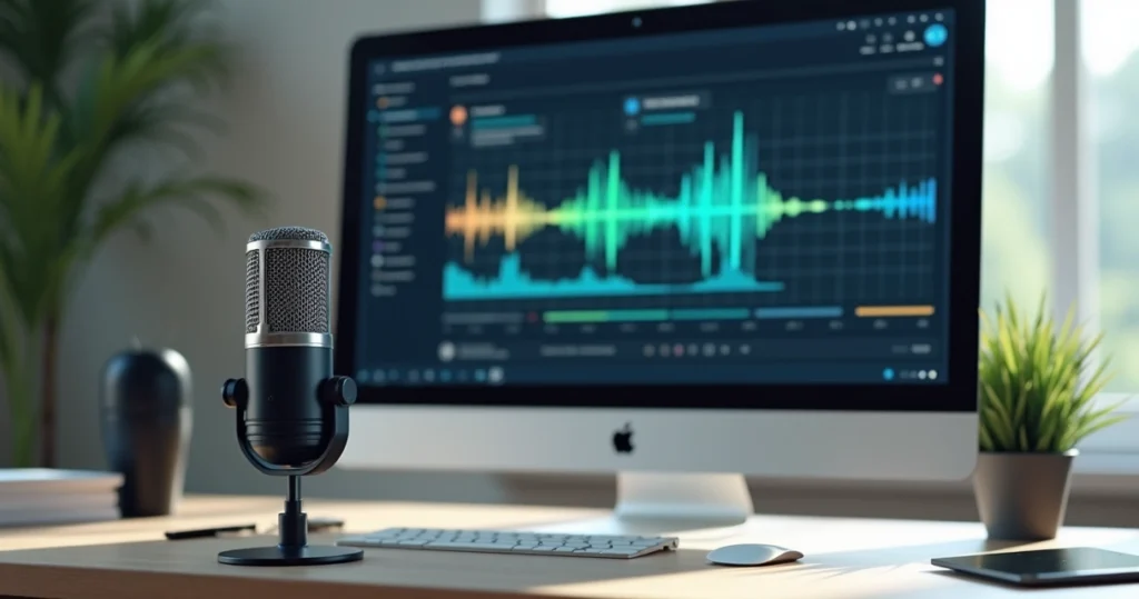 Computador mostrando análise de sentimentos em áudio com gráficos e ondas sonoras coloridas