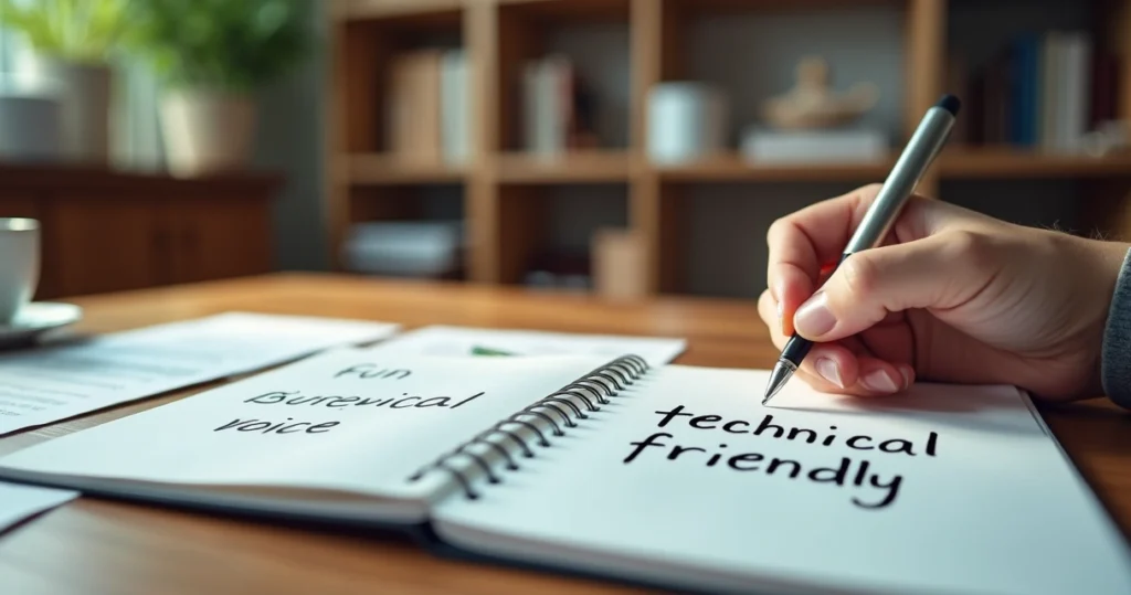 Mesa de trabalho com anotações sobre tom de voz de marca, notebook aberto, caneta, e papel com palavras como diversão e técnica