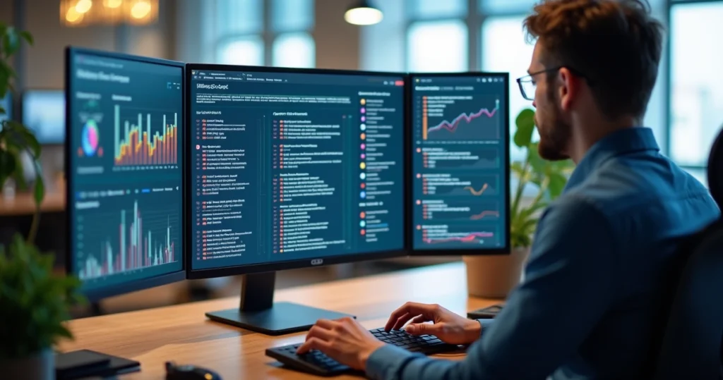 Pessoa analisando gráficos e feedbacks de clientes em telas digitais para melhorar produto SaaS