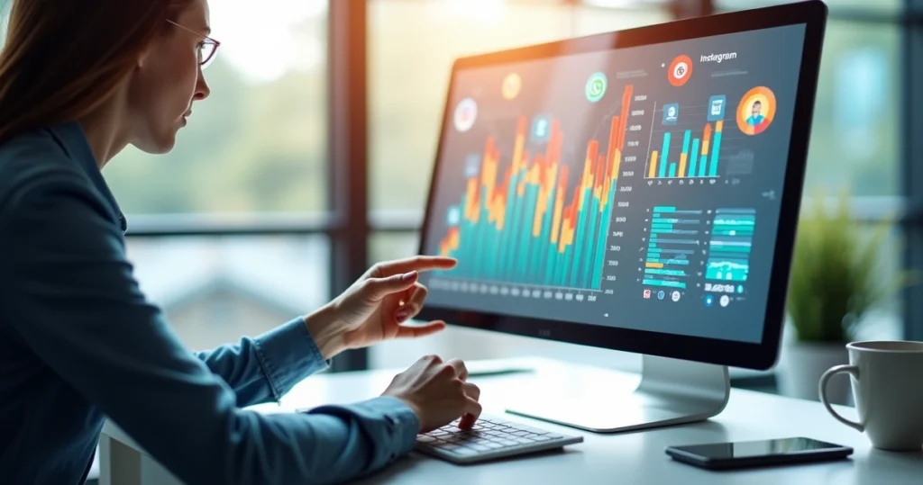 Pessoa analisando dados de comportamento do consumidor em tela digital com gráficos e ícones de redes sociais