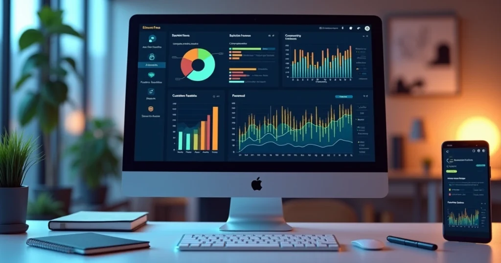 Dashboard interativo exibindo gráficos coloridos de análise de feedback em tela de computador