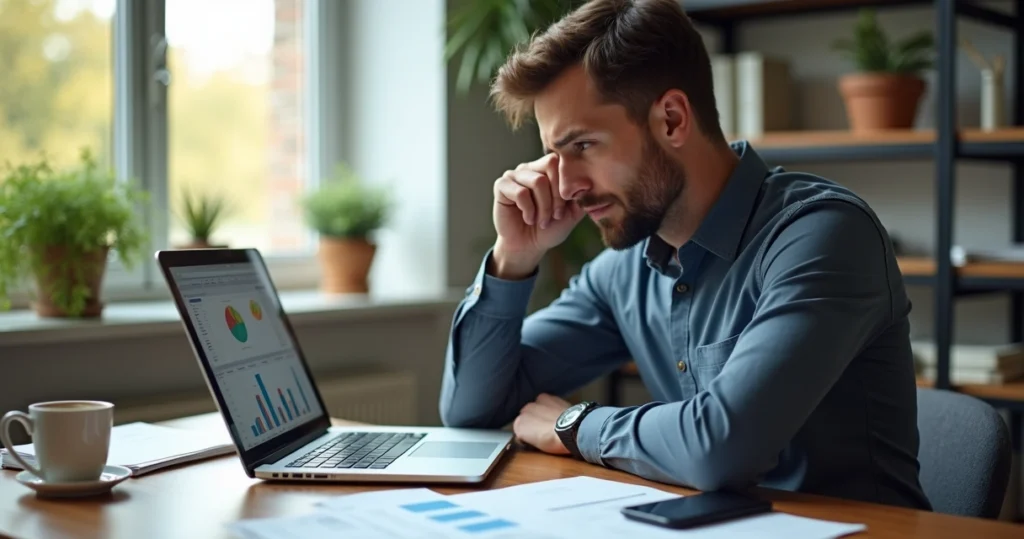 Empresário preocupado sentado à mesa de trabalho com laptop e documentos