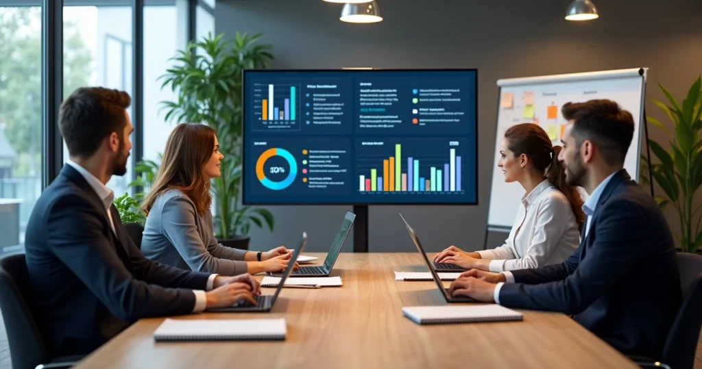 Equipe de produto em reunião analisando indicadores de feedback em tela digital