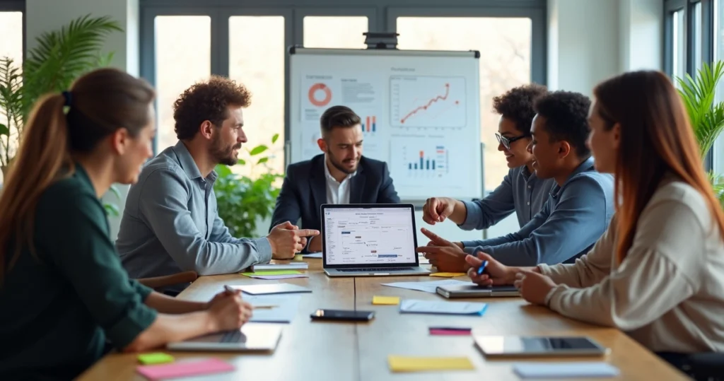 Equipe de vendas analisando feedbacks de clientes em reunião com laptop e anotações