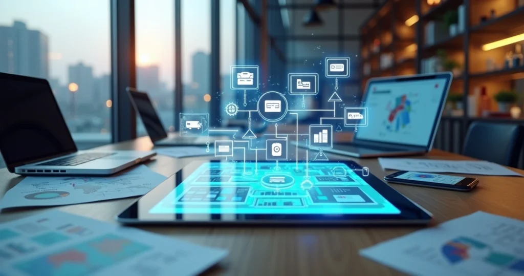 Mapa estratégico com canais de distribuição para produtos em ambientes físicos e digitais