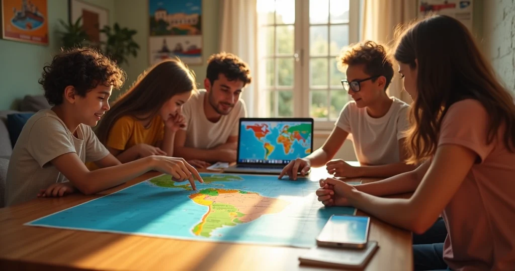 Família brasileira planejando viagem com mapas, celular e laptop em mesa iluminada