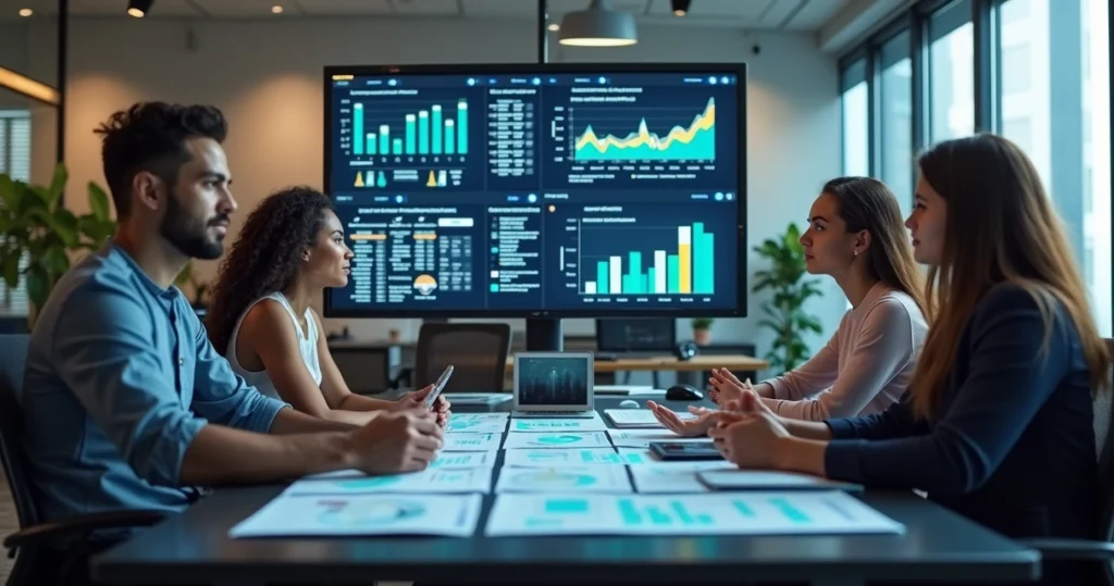 Equipe de profissionais analisando dados de feedback em telas digitais detalhadas