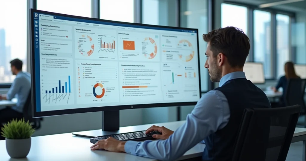 Pessoa analisando dados de feedback em dashboard de automação B2B no computador