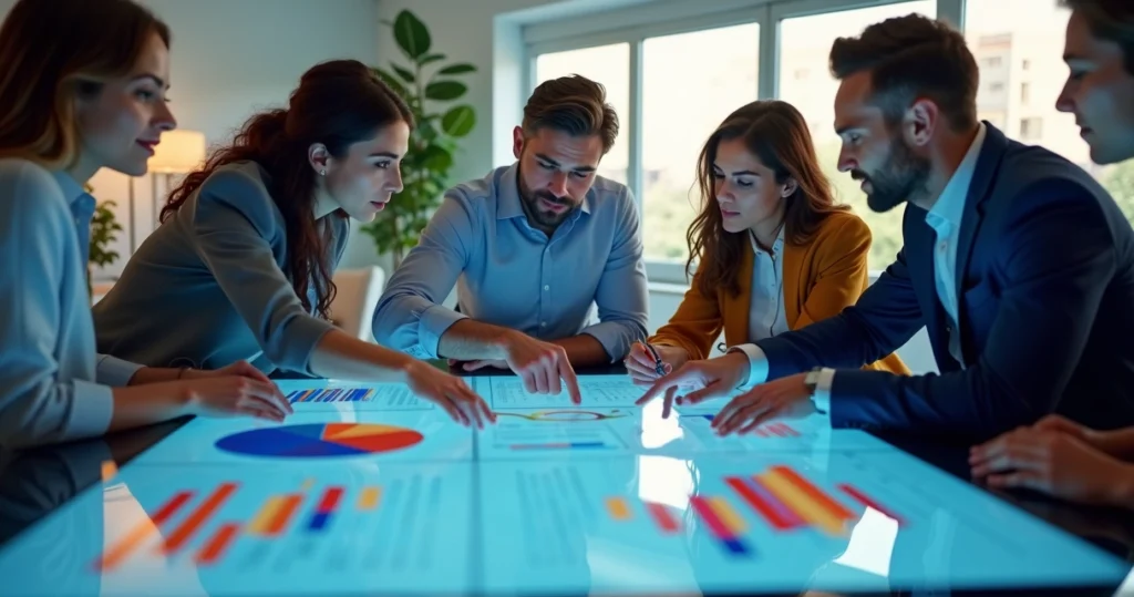 Equipe analisando feedbacks de clientes em gráficos digitais para planejar estratégias de upsell