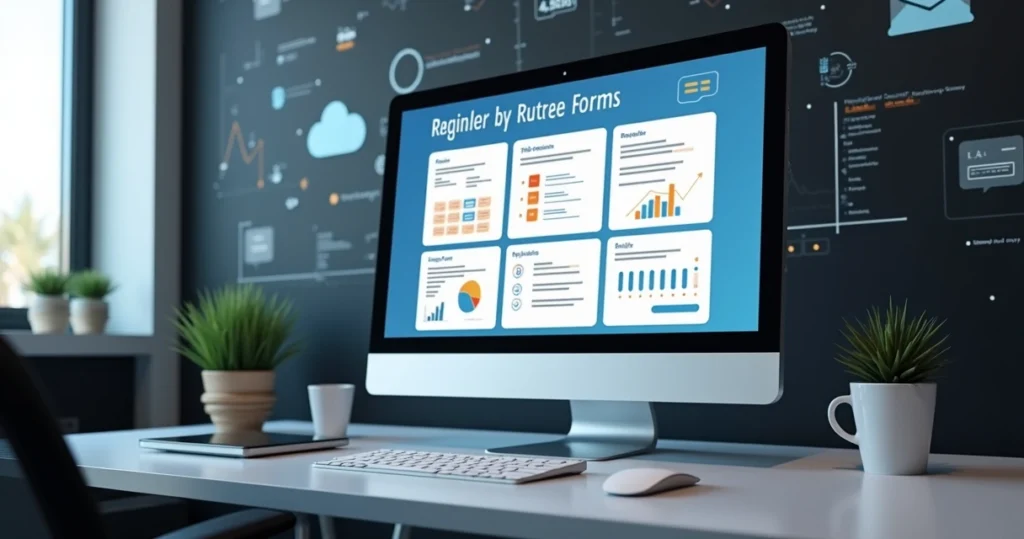 Tela de computador exibindo formulários digitais personalizados para pré e pós-venda de SaaS, com campos de perguntas e gráficos de análise de feedback