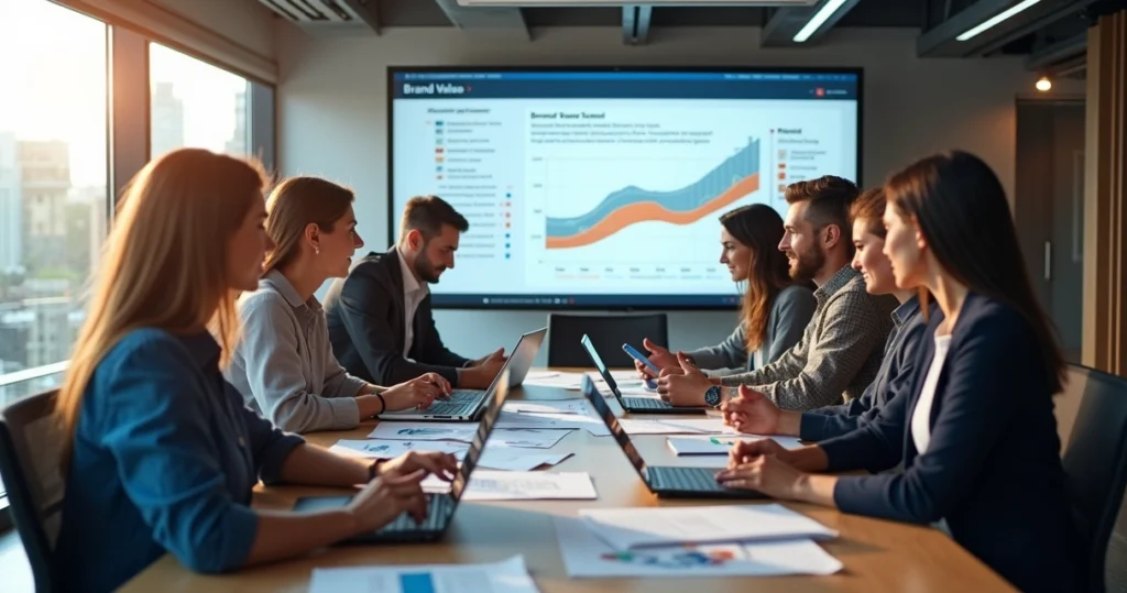 Equipe diversa em reunião colaborativa mostrando valores e identidade da marca com gráficos e elementos institucionais no fundo
