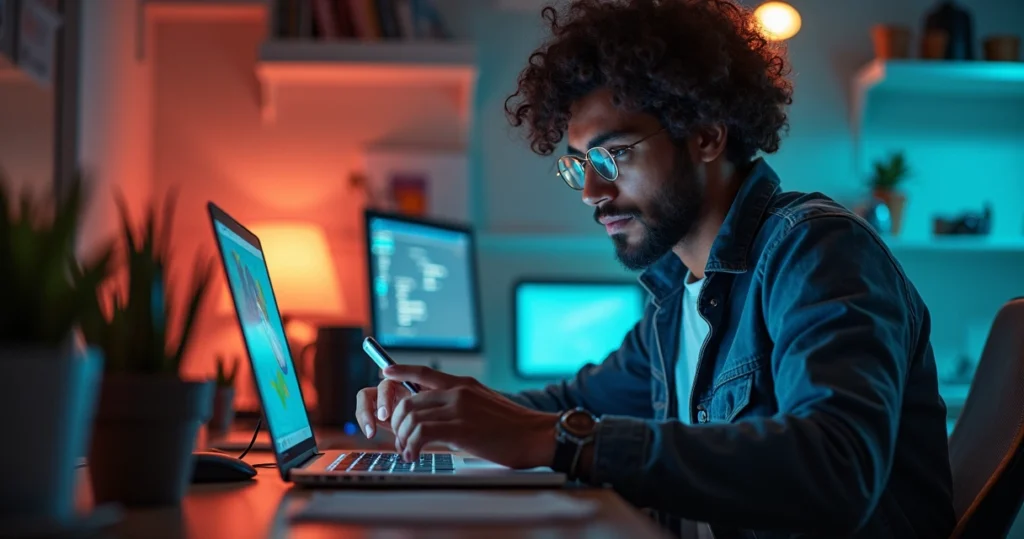 Jovem profissional da Geração Z trabalhando em ambiente moderno, equilibrando trabalho e lazer com smartphone e laptop