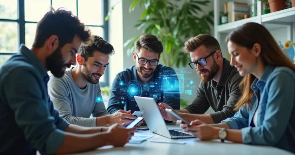 Grupo de adultos usando dispositivos digitais para acessar inteligência artificial