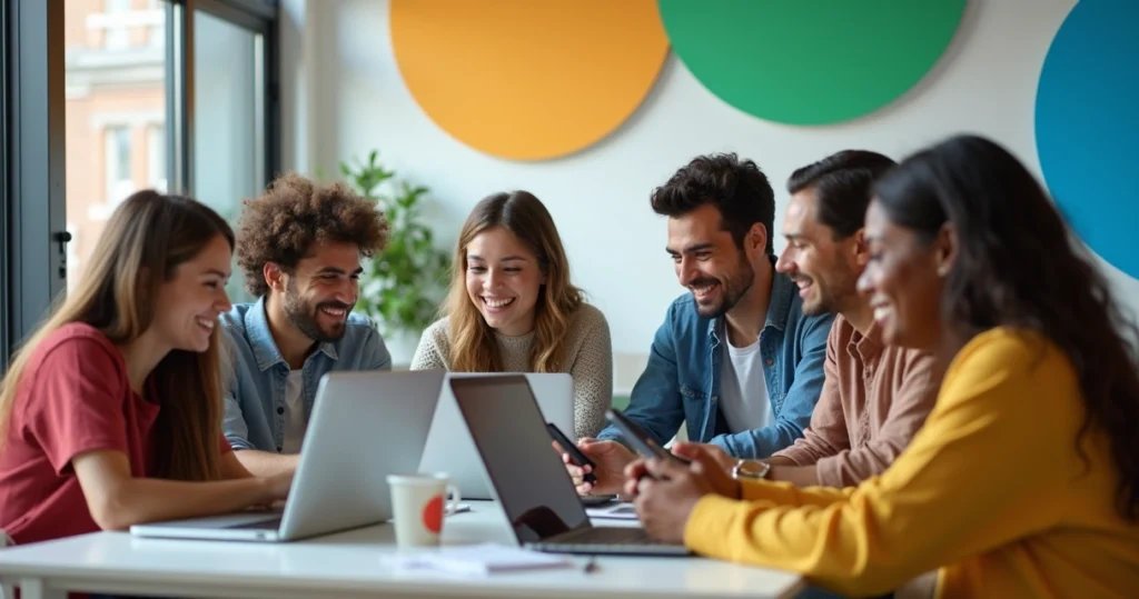 Grupo diverso de influenciadores digitais usando smartphones nas redes sociais