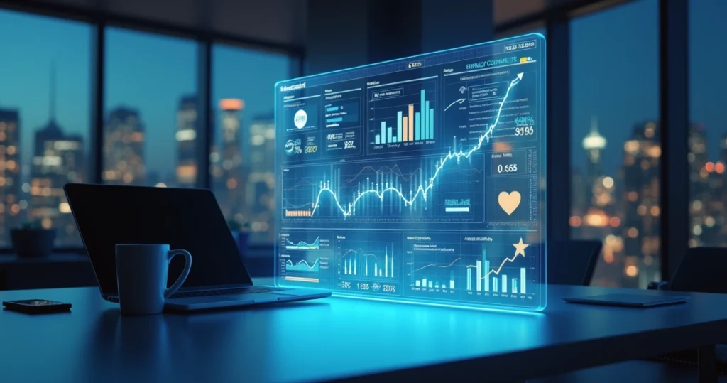 Painel digital com gráficos financeiros e feedbacks de clientes integrados no setor SaaS