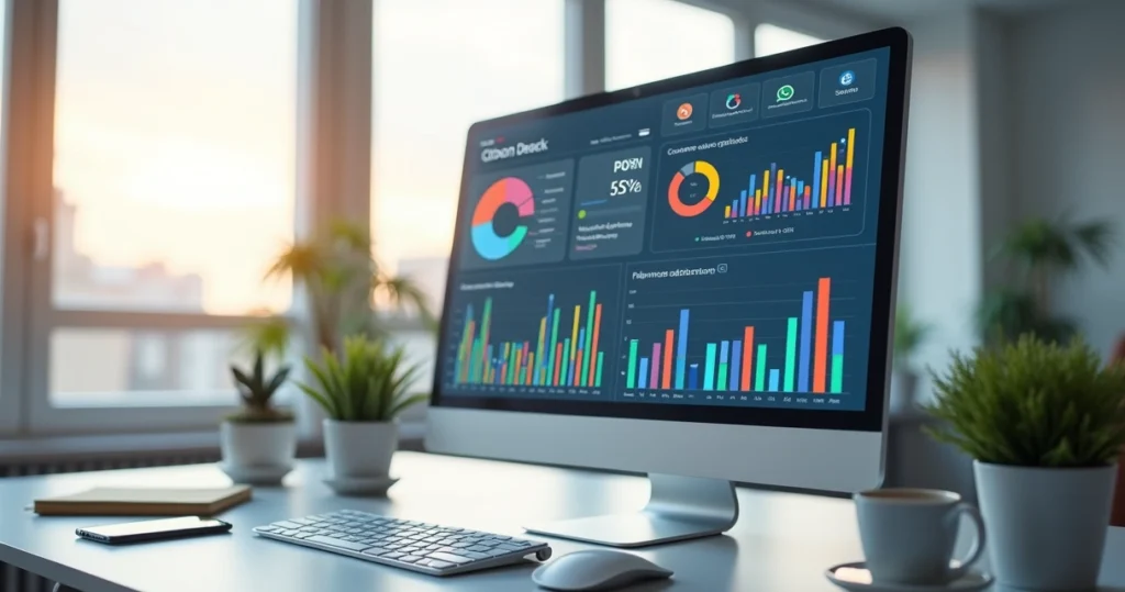 Tela de computador exibindo dashboard de CRM integrado com pesquisa de satisfação, gráficos coloridos e dados organizados