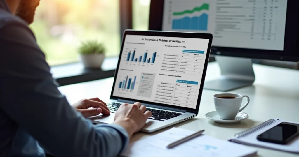 Pessoa analisando gráficos e tabelas sobre intenção de compra em um laptop moderno