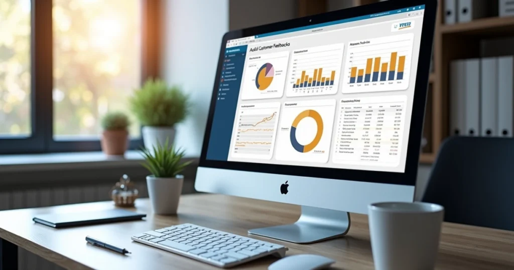 Tela de computador exibindo painel organizado de feedbacks para auditoria e compliance com gráficos e dados detalhados