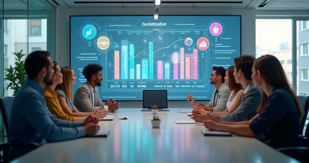 Equipe de trabalho reunida em ambiente moderno com gráficos digitais e elementos de gamificação na tela