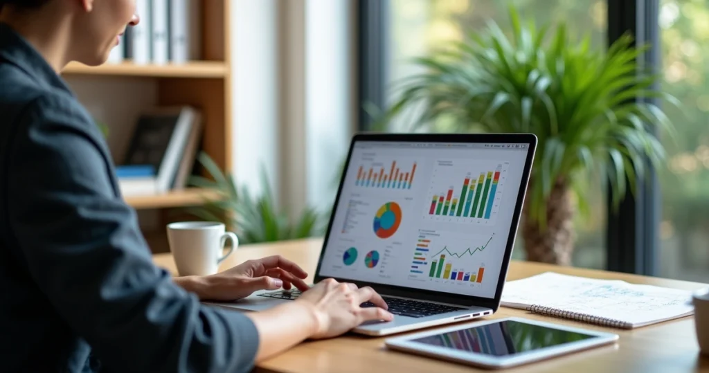 Pessoa analisando gráficos e dados em laptop moderno com anotações e tablet ao lado