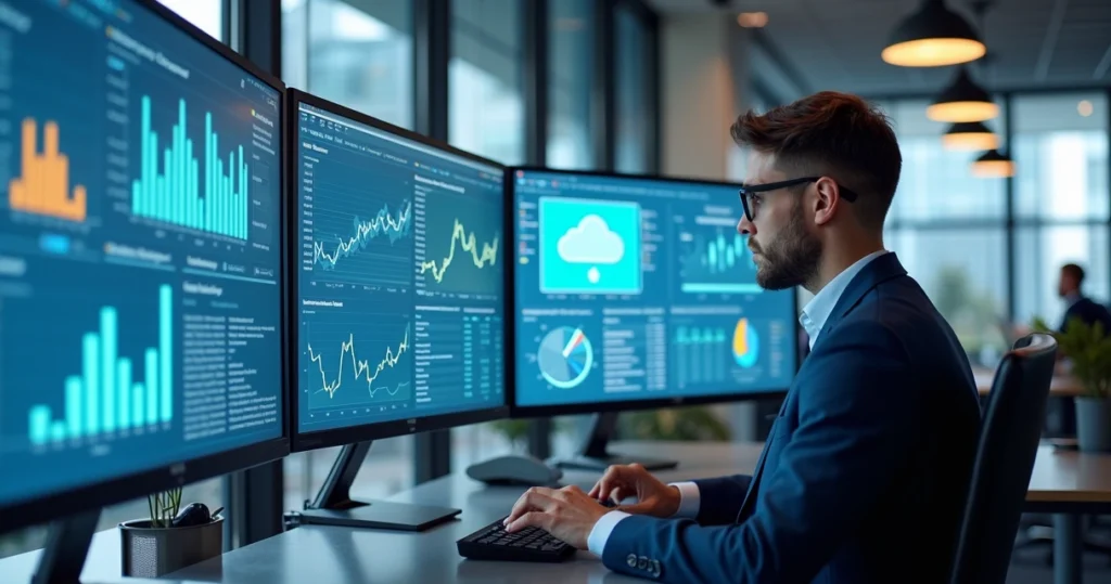 Profissional analisando gráficos preditivos em múltiplas telas digitais