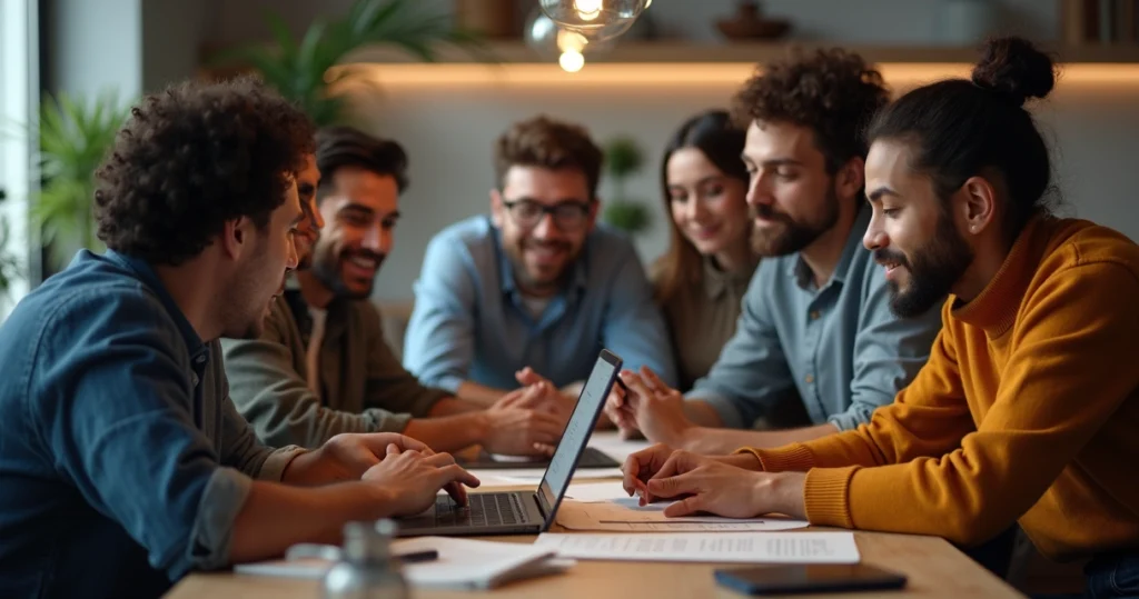 Diverse group of people collaborating on inclusive customer satisfaction survey on digital devices